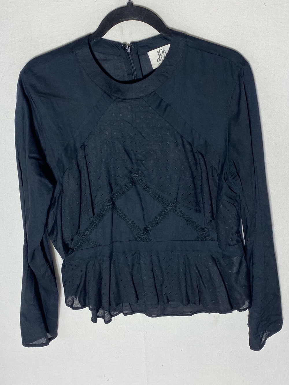 dRA Black Long Sleeve Embroidered Lace Peplum Blouse Top M Goth Boho Coquette